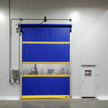 Blue and yellow interior roll up door.